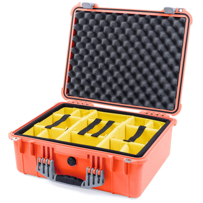 Pelican 1550 Case, Orange with Silver Handle & Latches Yellow Padded Microfiber Dividers with Convolute Lid Foam ColorCase 015500-0010-150-180