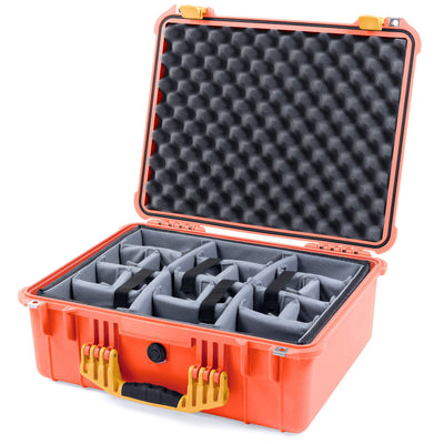 Pelican 1550 Case, Orange with Yellow Handle & Latches Gray Padded Microfiber Dividers with Convolute Lid Foam ColorCase 015500-0070-150-240