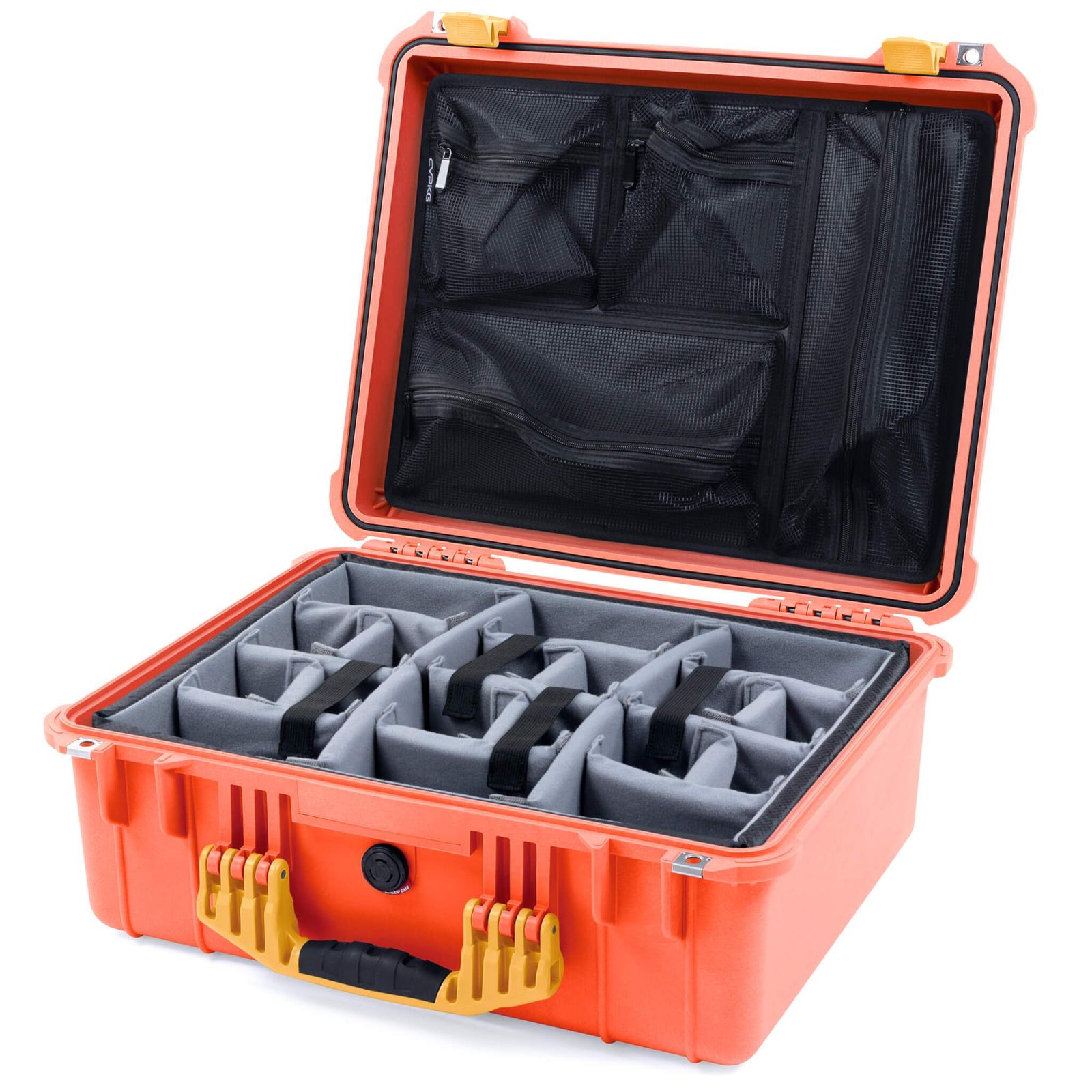 Pelican 1550 Case, Orange with Yellow Handle & Latches Gray Padded Microfiber Dividers with Mesh Lid Organizer ColorCase 015500-0170-150-240