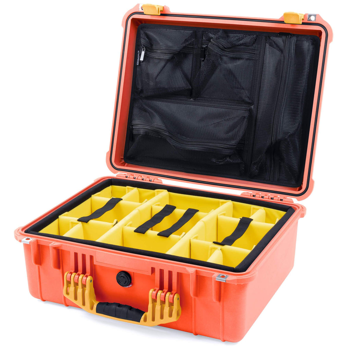 Pelican 1550 Case, Orange with Yellow Handle &amp; Latches Yellow Padded Microfiber Dividers with Mesh Lid Organizer ColorCase 015500-0110-150-240