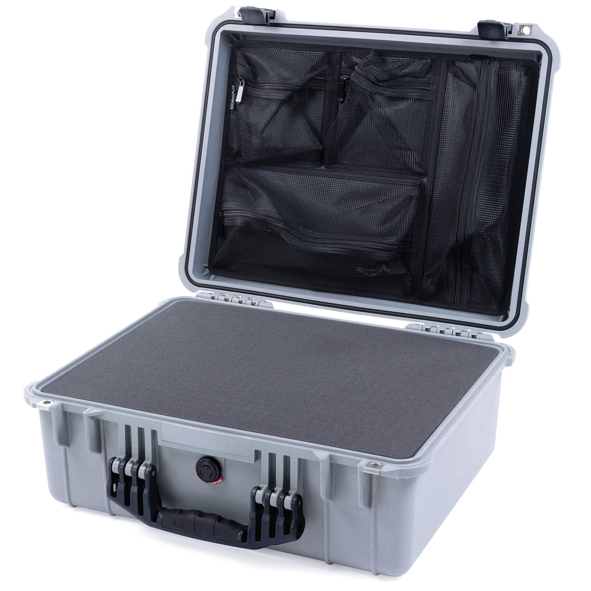 Pelican 1550 Case, Silver with Black Handle &amp; Latches Pick &amp; Pluck Foam with Mesh Lid Organizer ColorCase 015500-0101-180-110