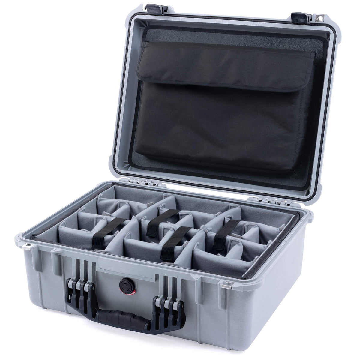 Pelican 1550 Case, Silver with Black Handle &amp; Latches Gray Padded Microfiber Dividers with Computer Pouch ColorCase 015500-0270-180-110