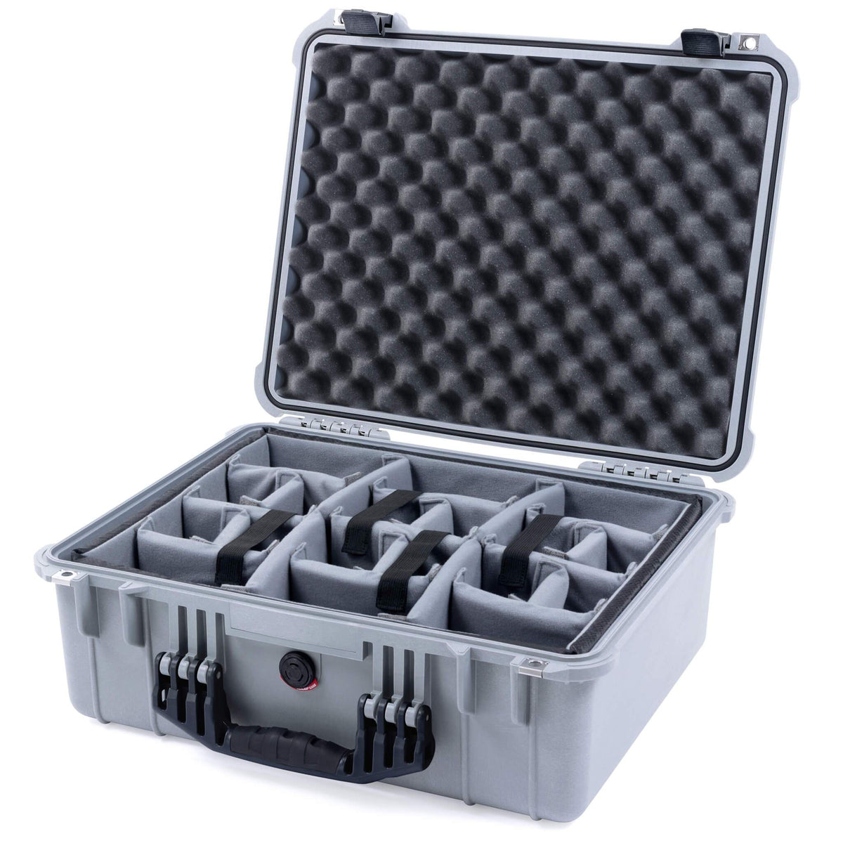 Pelican 1550 Case, Silver with Black Handle &amp; Latches Gray Padded Microfiber Dividers with Convolute Lid Foam ColorCase 015500-0070-180-110
