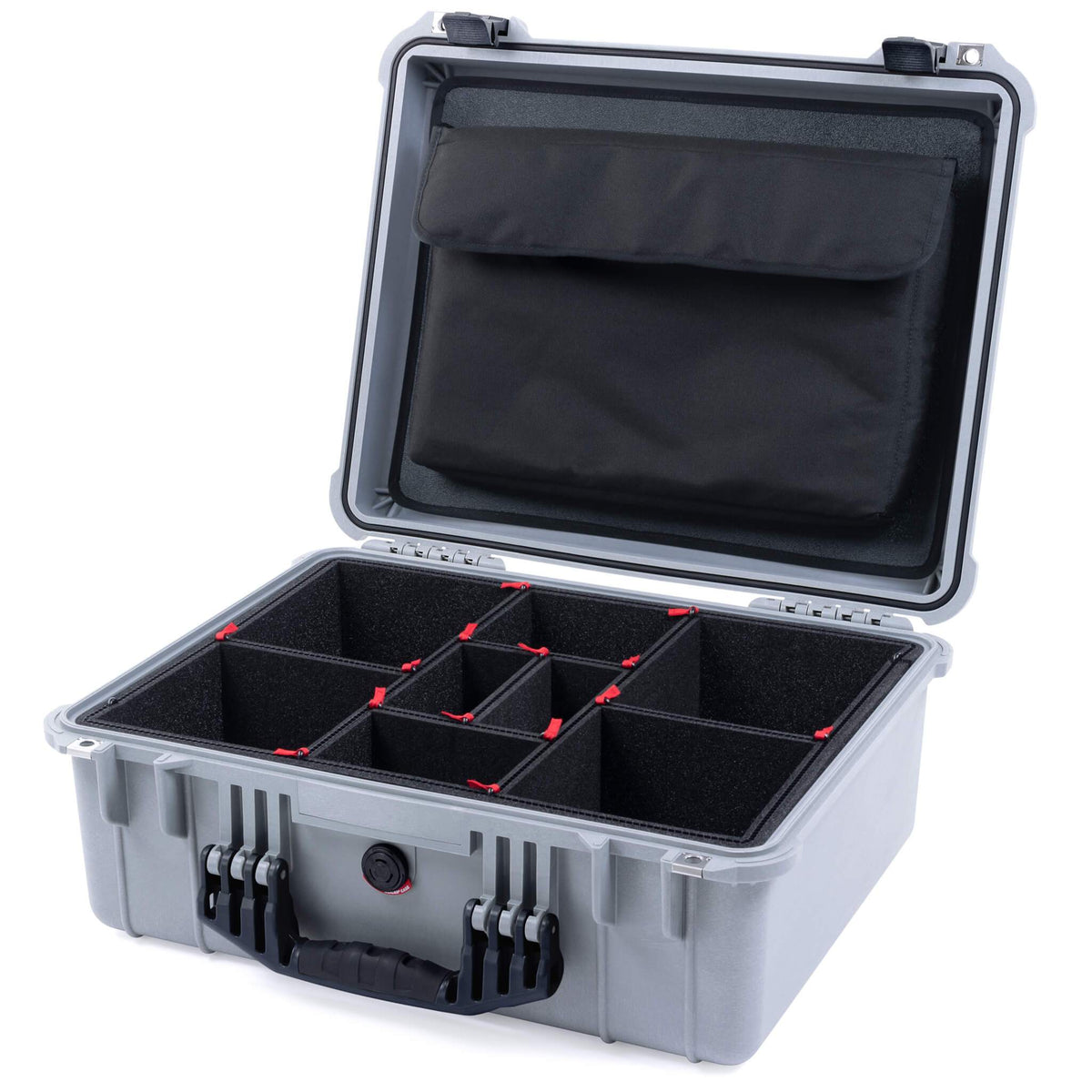 Pelican 1550 Case, Silver with Black Handle &amp; Latches TrekPak Divider System with Computer Pouch ColorCase 015500-0220-180-110