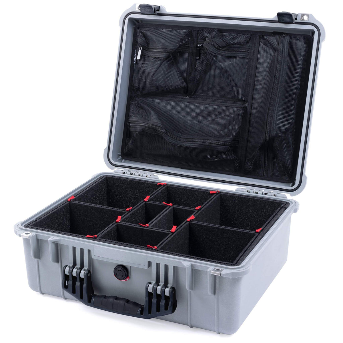 Pelican 1550 Case, Silver with Black Handle &amp; Latches TrekPak Divider System with Mesh Lid Organizer ColorCase 015500-0120-180-110