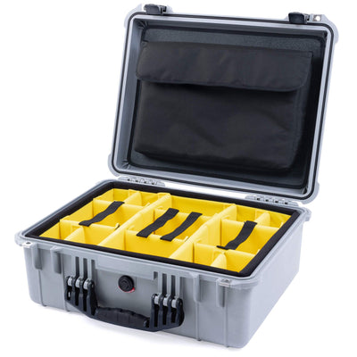Pelican 1550 Case, Silver with Black Handle & Latches Yellow Padded Microfiber Dividers with Computer Pouch ColorCase 015500-0210-180-110
