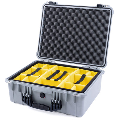 Pelican 1550 Case, Silver with Black Handle & Latches Yellow Padded Microfiber Dividers with Convolute Lid Foam ColorCase 015500-0010-180-110