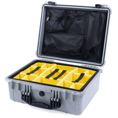 Pelican 1550 Case, Silver with Black Handle & Latches Yellow Padded Microfiber Dividers with Mesh Lid Organizer ColorCase 015500-0110-180-110