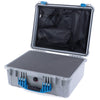 Pelican 1550 Case, Silver with Blue Handle & Latches Pick & Pluck Foam with Mesh Lid Organizer ColorCase 015500-0101-180-120