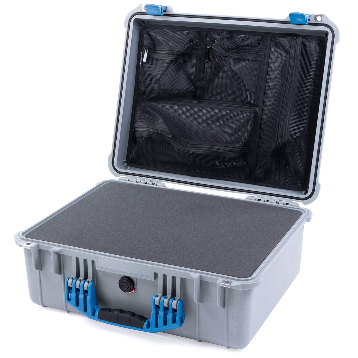 Pelican 1550 Case, Silver with Blue Handle &amp; Latches Pick &amp; Pluck Foam with Mesh Lid Organizer ColorCase 015500-0101-180-120
