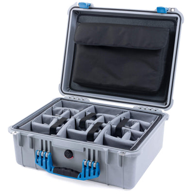 Pelican 1550 Case, Silver with Blue Handle & Latches Gray Padded Microfiber Dividers with Computer Pouch ColorCase 015500-0270-180-120