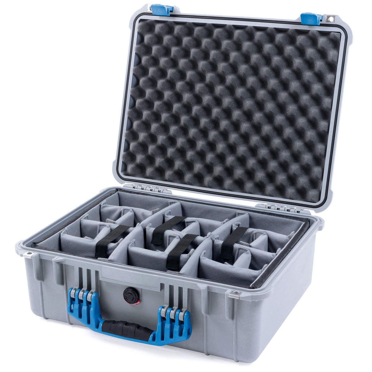 Pelican 1550 Case, Silver with Blue Handle &amp; Latches Gray Padded Microfiber Dividers with Convolute Lid Foam ColorCase 015500-0070-180-120