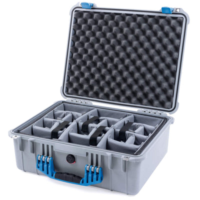 Pelican 1550 Case, Silver with Blue Handle & Latches Gray Padded Microfiber Dividers with Convolute Lid Foam ColorCase 015500-0070-180-120