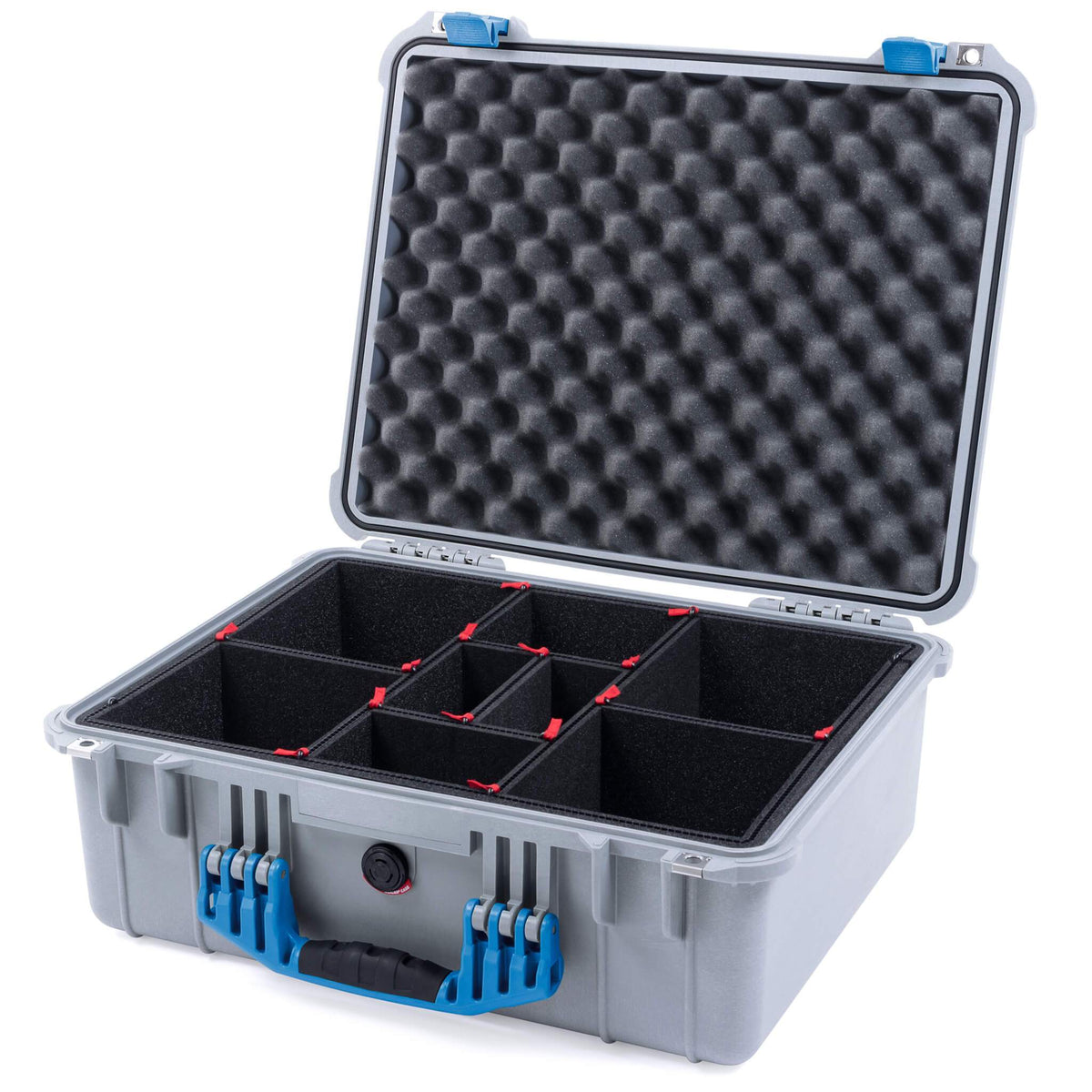 Pelican 1550 Case, Silver with Blue Handle &amp; Latches TrekPak Divider System with Convolute Lid Foam ColorCase 015500-0020-180-120