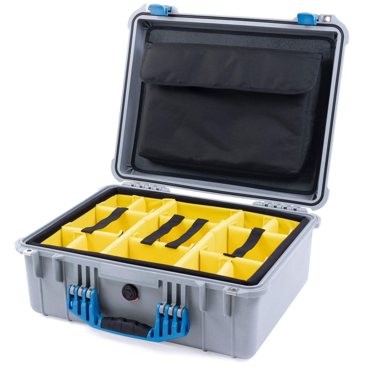 Pelican 1550 Case, Silver with Blue Handle &amp; Latches Yellow Padded Microfiber Dividers with Computer Pouch ColorCase 015500-0210-180-120