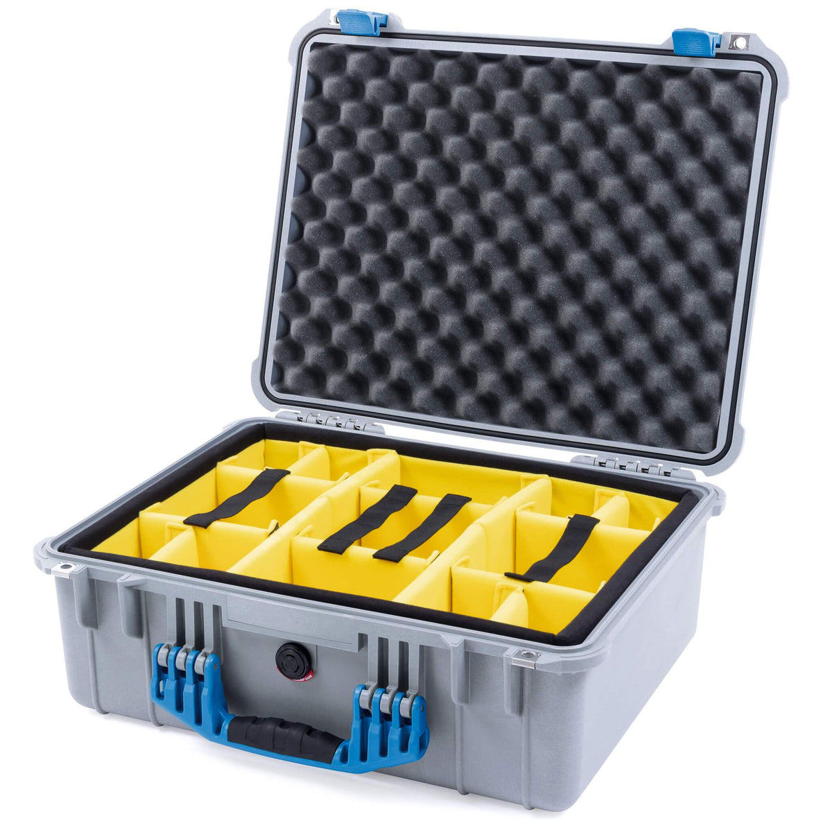 Pelican 1550 Case, Silver with Blue Handle &amp; Latches Yellow Padded Microfiber Dividers with Convolute Lid Foam ColorCase 015500-0010-180-120