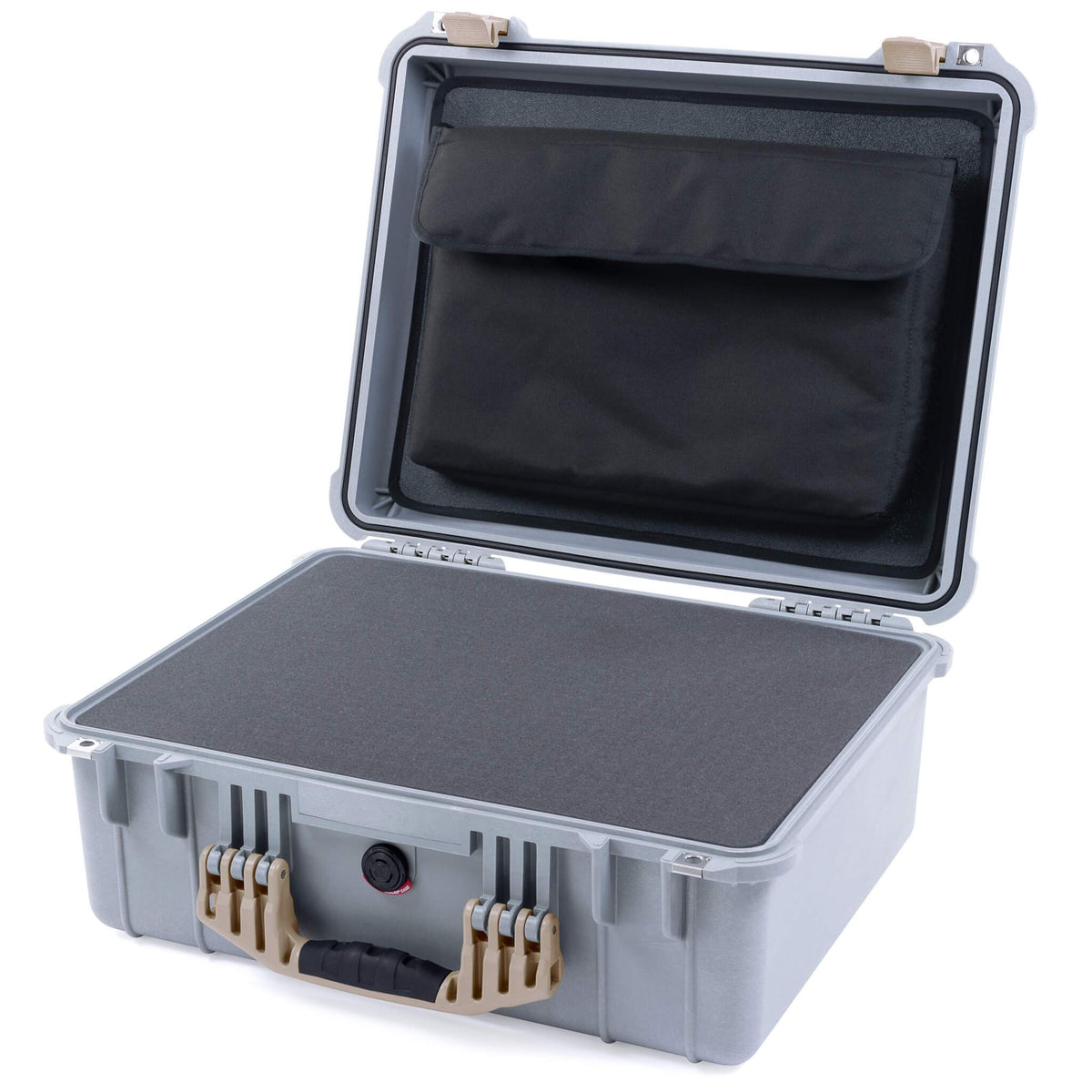 Pelican 1550 Case, Silver with Desert Tan Handle &amp; Latches Pick &amp; Pluck Foam with Computer Pouch ColorCase 015500-0201-180-310