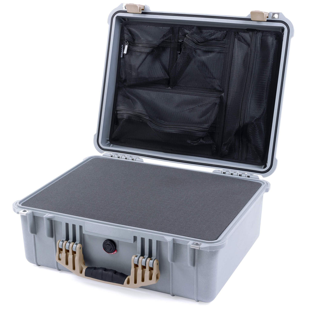 Pelican 1550 Case, Silver with Desert Tan Handle &amp; Latches Pick &amp; Pluck Foam with Mesh Lid Organizer ColorCase 015500-0101-180-310