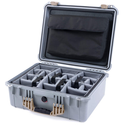 Pelican 1550 Case, Silver with Desert Tan Handle & Latches Gray Padded Microfiber Dividers with Computer Pouch ColorCase 015500-0270-180-310