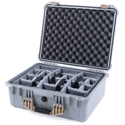 Pelican 1550 Case, Silver with Desert Tan Handle & Latches Gray Padded Microfiber Dividers with Convolute Lid Foam ColorCase 015500-0070-180-310
