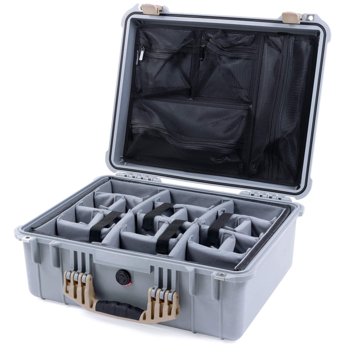Pelican 1550 Case, Silver with Desert Tan Handle &amp; Latches Gray Padded Microfiber Dividers with Mesh Lid Organizer ColorCase 015500-0170-180-310