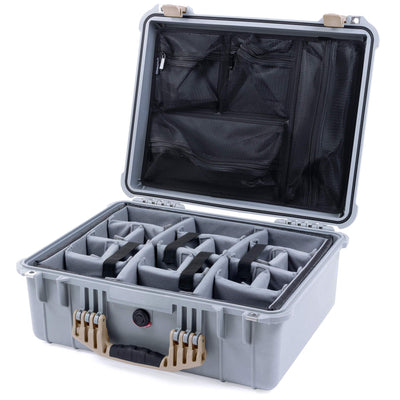Pelican 1550 Case, Silver with Desert Tan Handle & Latches Gray Padded Microfiber Dividers with Mesh Lid Organizer ColorCase 015500-0170-180-310