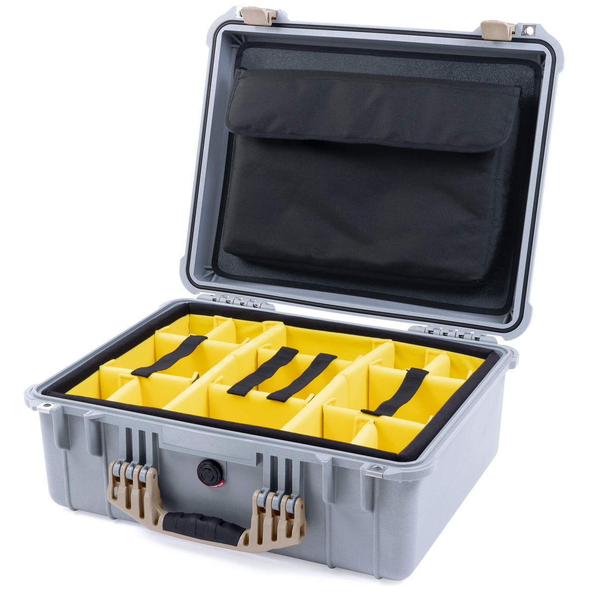 Pelican 1550 Case, Silver with Desert Tan Handle &amp; Latches Yellow Padded Microfiber Dividers with Computer Pouch ColorCase 015500-0210-180-310
