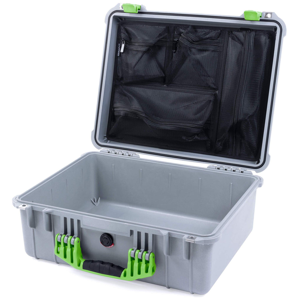 Pelican 1550 Case, Silver with Lime Green Handle &amp; Latches Mesh Lid Organizer Only ColorCase 015500-0100-180-300