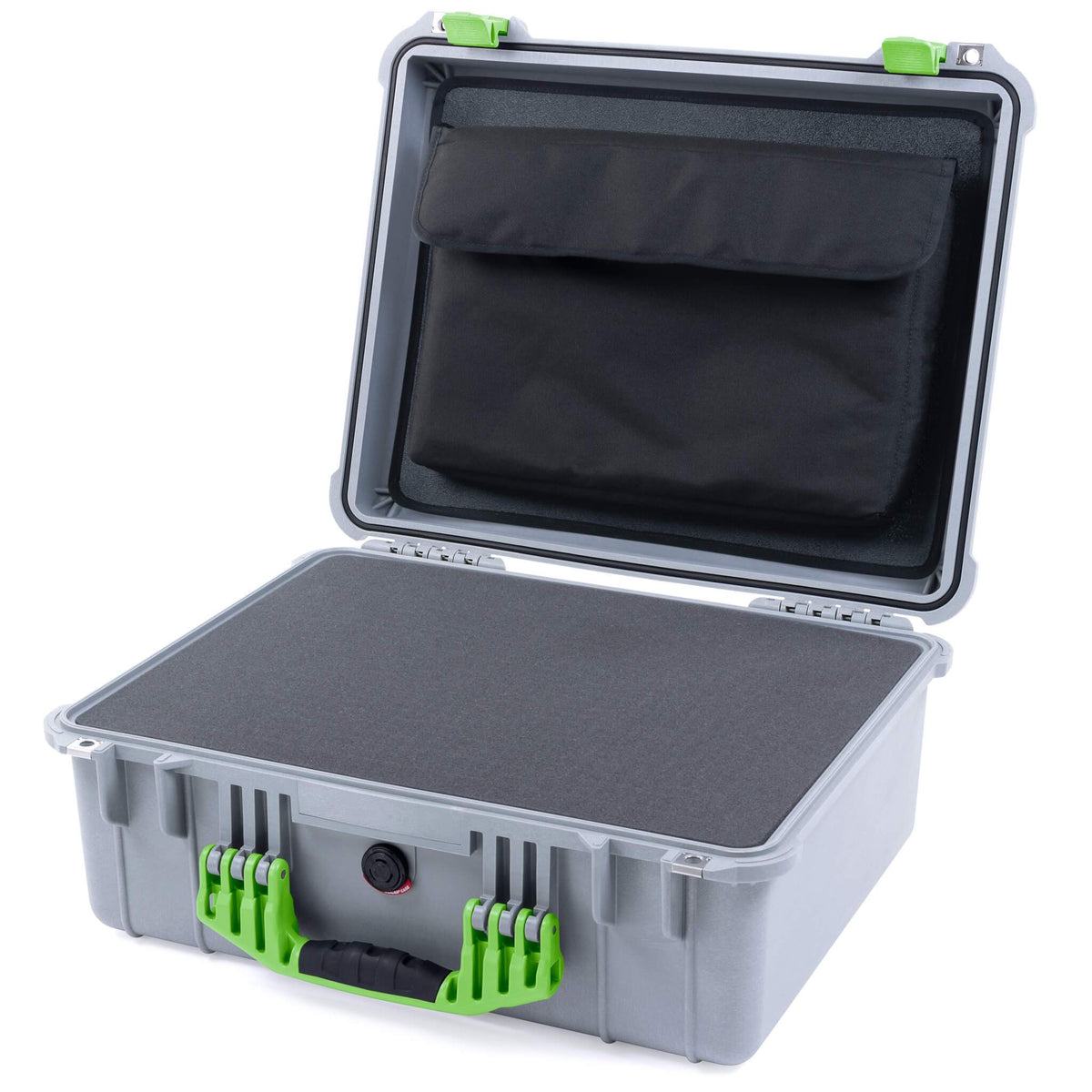 Pelican 1550 Case, Silver with Lime Green Handle &amp; Latches Pick &amp; Pluck Foam with Computer Pouch ColorCase 015500-0201-180-300