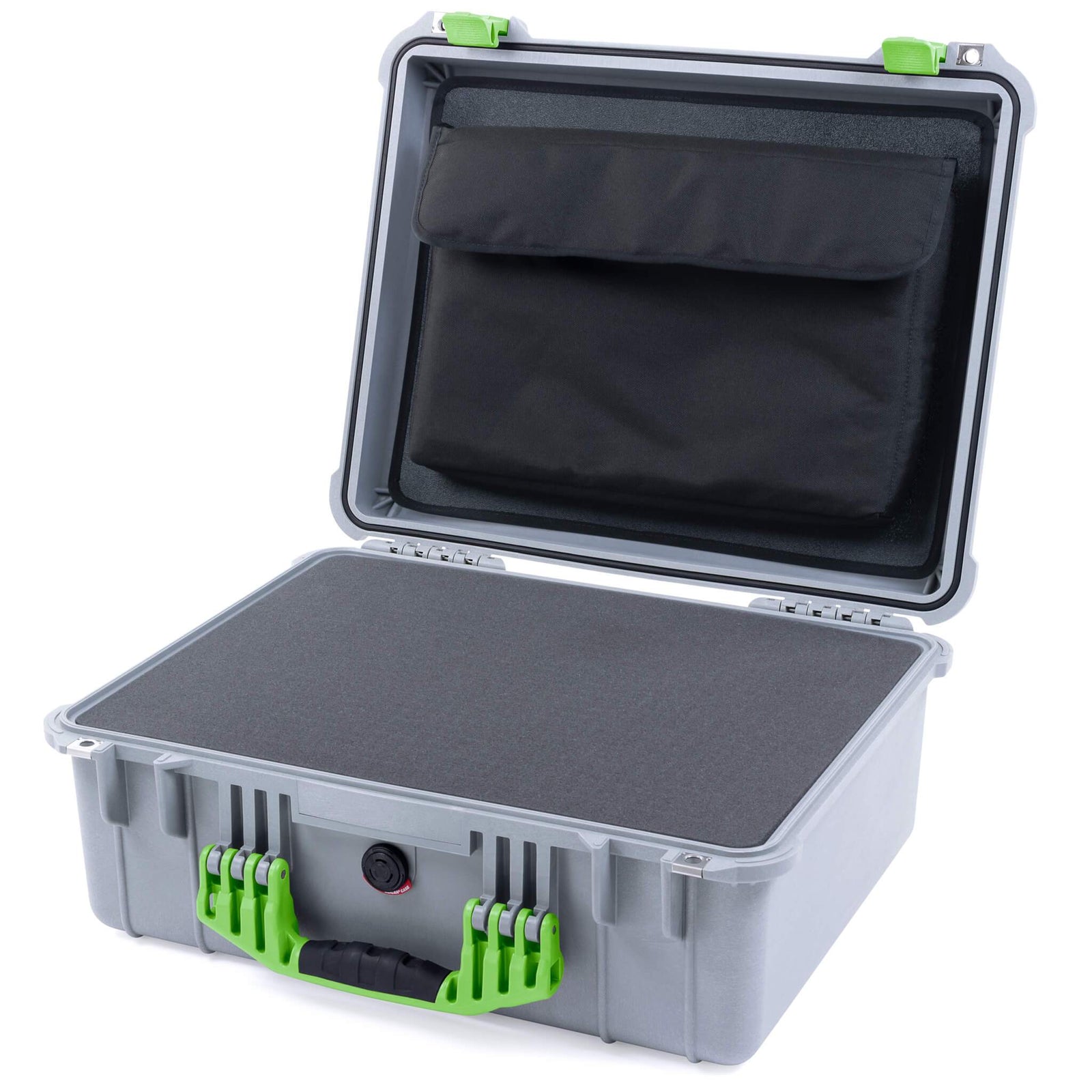 Pelican 1550 Case, Silver with Lime Green Handle & Latches Pick & Pluck Foam with Computer Pouch ColorCase 015500-0201-180-300