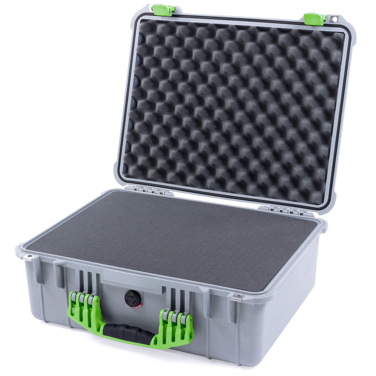 Pelican 1550 Case, Silver with Lime Green Handle &amp; Latches Pick &amp; Pluck Foam with Convolute Lid Foam ColorCase 015500-0001-180-300