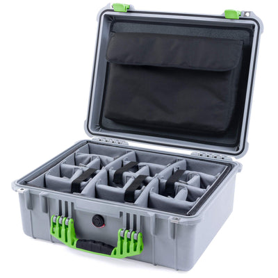 Pelican 1550 Case, Silver with Lime Green Handle & Latches Gray Padded Microfiber Dividers with Computer Pouch ColorCase 015500-0270-180-300