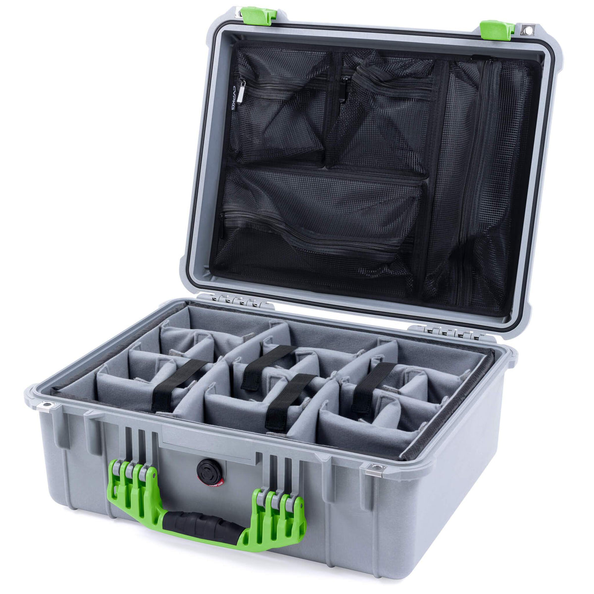 Pelican 1550 Case, Silver with Lime Green Handle &amp; Latches Gray Padded Microfiber Dividers with Mesh Lid Organizer ColorCase 015500-0170-180-300