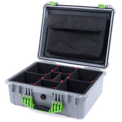 Pelican 1550 Case, Silver with Lime Green Handle & Latches TrekPak Divider System with Computer Pouch ColorCase 015500-0220-180-300