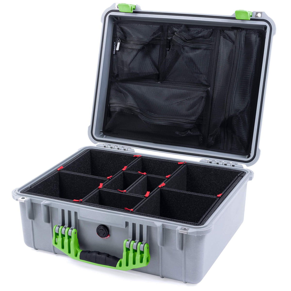 Pelican 1550 Case, Silver with Lime Green Handle &amp; Latches TrekPak Divider System with Mesh Lid Organizer ColorCase 015500-0120-180-300