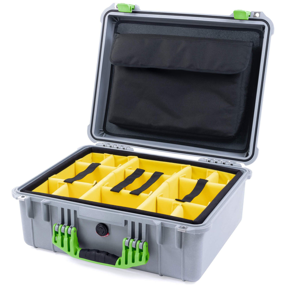 Pelican 1550 Case, Silver with Lime Green Handle &amp; Latches Yellow Padded Microfiber Dividers with Computer Pouch ColorCase 015500-0210-180-300