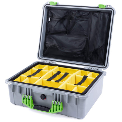 Pelican 1550 Case, Silver with Lime Green Handle & Latches Yellow Padded Microfiber Dividers with Mesh Lid Organizer ColorCase 015500-0110-180-300