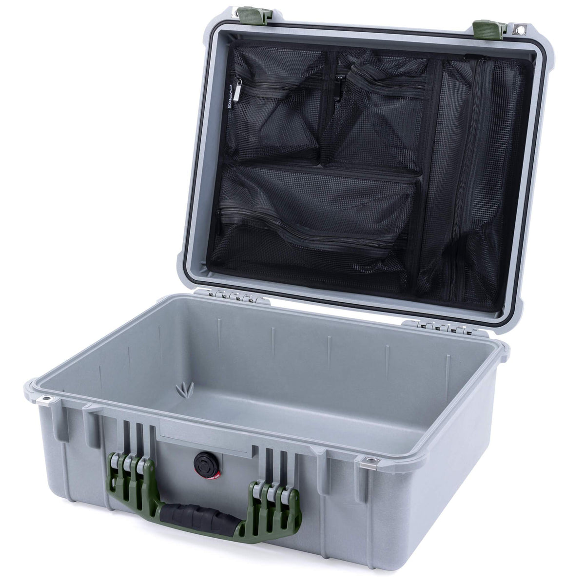 Pelican 1550 Case, Silver with OD Green Handle &amp; Latches Mesh Lid Organizer Only ColorCase 015500-0100-180-130