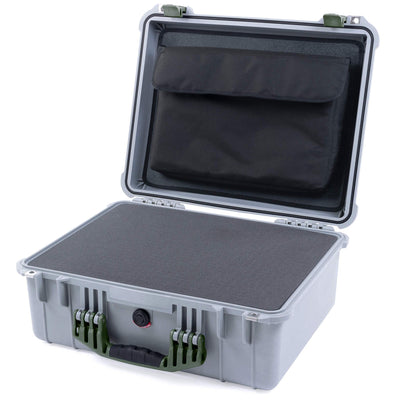 Pelican 1550 Case, Silver with OD Green Handle & Latches Pick & Pluck Foam with Computer Pouch ColorCase 015500-0201-180-130