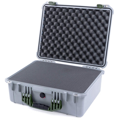 Pelican 1550 Case, Silver with OD Green Handle & Latches Pick & Pluck Foam with Convolute Lid Foam ColorCase 015500-0001-180-130