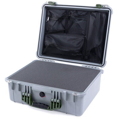 Pelican 1550 Case, Silver with OD Green Handle & Latches Pick & Pluck Foam with Mesh Lid Organizer ColorCase 015500-0101-180-130