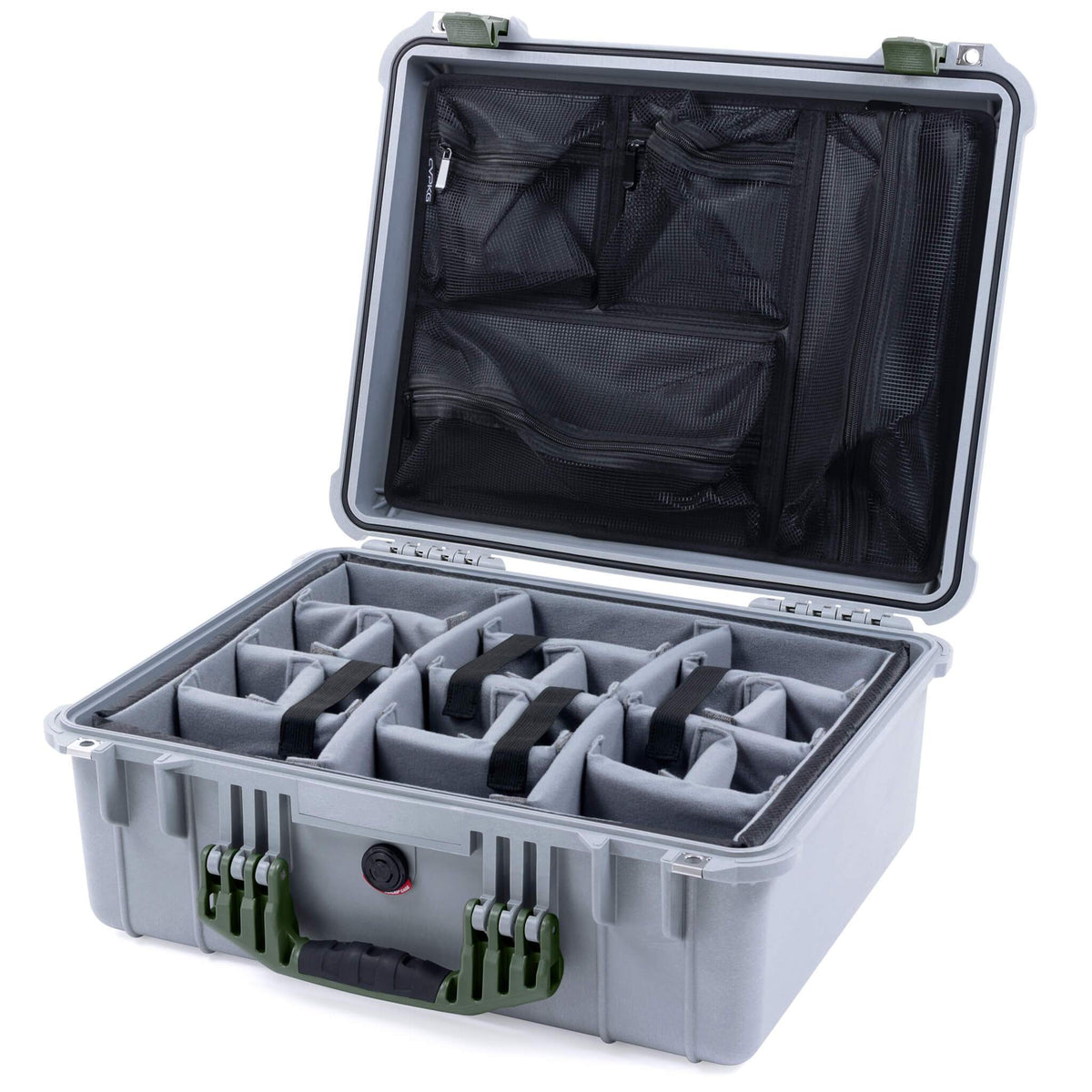 Pelican 1550 Case, Silver with OD Green Handle &amp; Latches Gray Padded Microfiber Dividers with Mesh Lid Organizer ColorCase 015500-0170-180-130