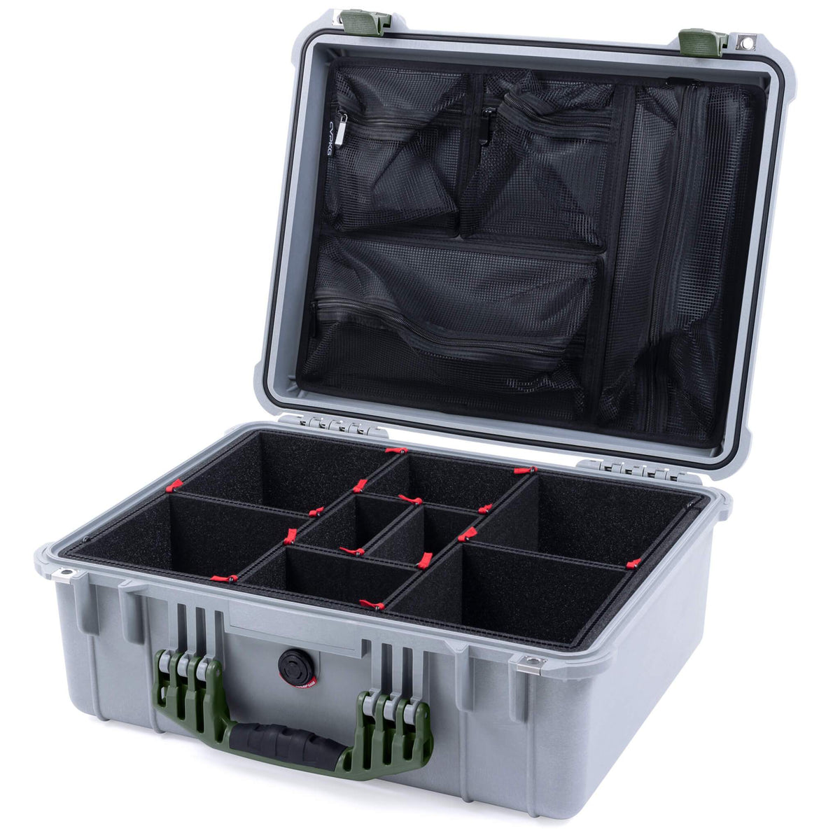 Pelican 1550 Case, Silver with OD Green Handle &amp; Latches TrekPak Divider System with Mesh Lid Organizer ColorCase 015500-0120-180-130