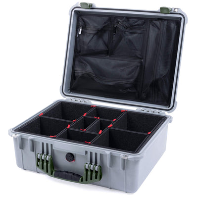 Pelican 1550 Case, Silver with OD Green Handle & Latches TrekPak Divider System with Mesh Lid Organizer ColorCase 015500-0120-180-130