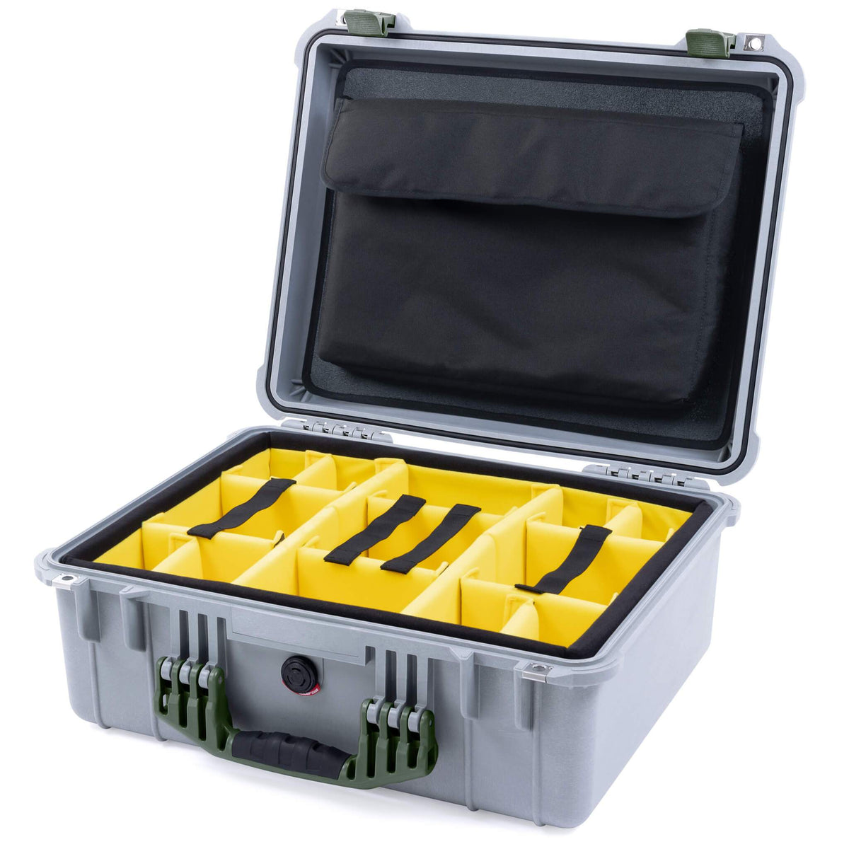 Pelican 1550 Case, Silver with OD Green Handle &amp; Latches Yellow Padded Microfiber Dividers with Computer Pouch ColorCase 015500-0210-180-130
