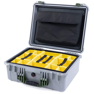 Pelican 1550 Case, Silver with OD Green Handle & Latches Yellow Padded Microfiber Dividers with Computer Pouch ColorCase 015500-0210-180-130