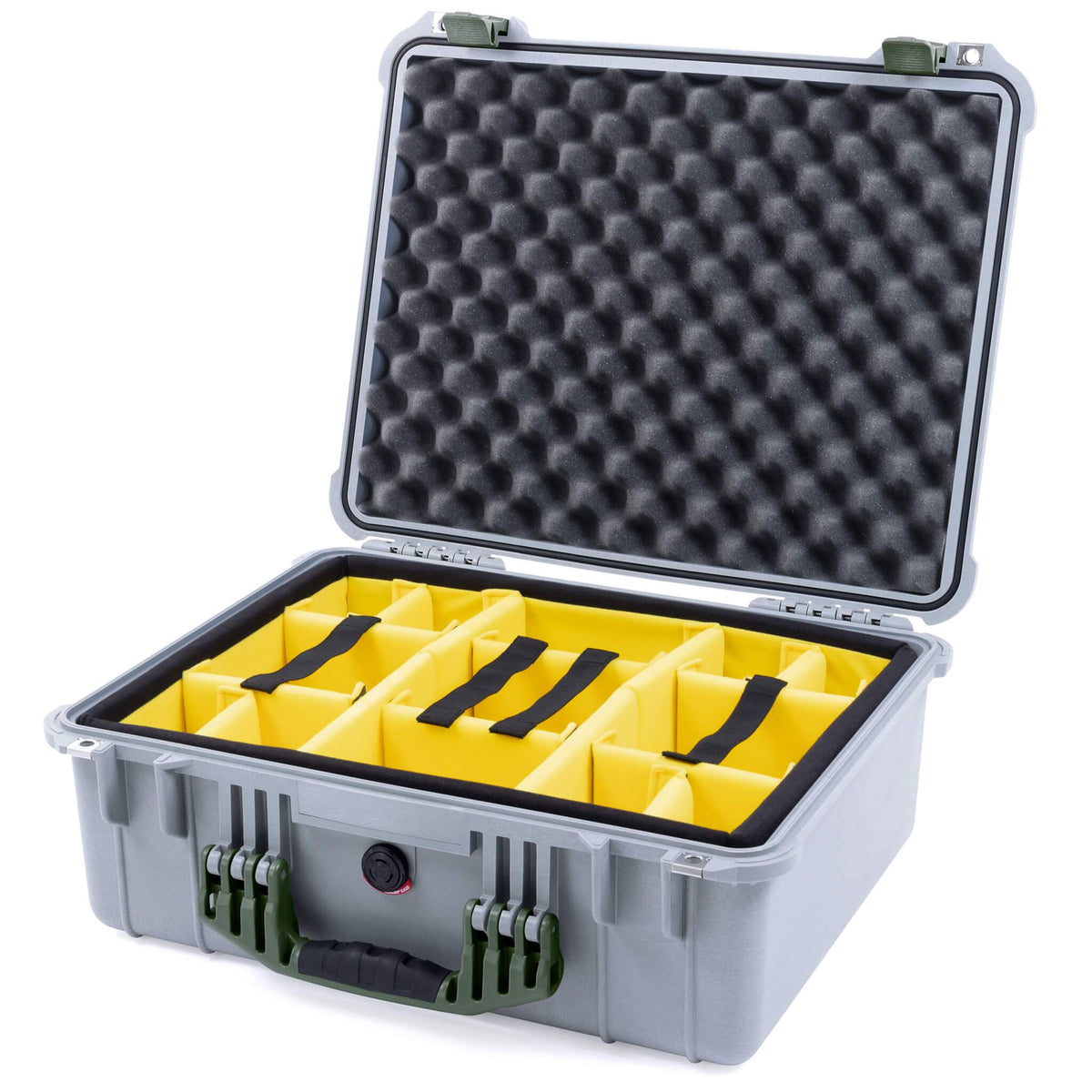 Pelican 1550 Case, Silver with OD Green Handle &amp; Latches Yellow Padded Microfiber Dividers with Convolute Lid Foam ColorCase 015500-0010-180-130