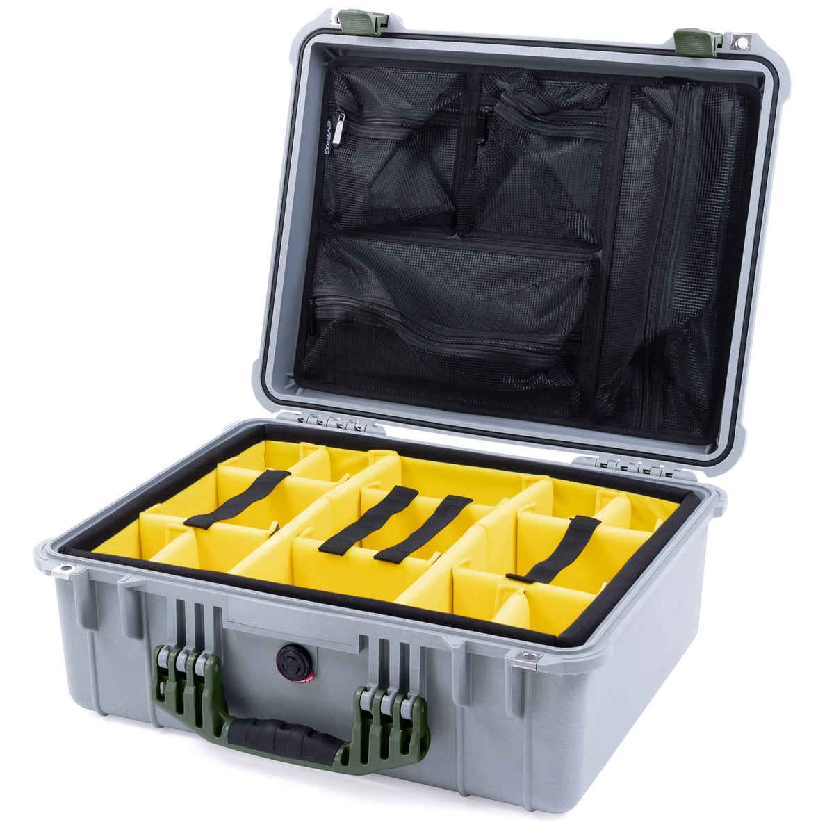 Pelican 1550 Case, Silver with OD Green Handle &amp; Latches Yellow Padded Microfiber Dividers with Mesh Lid Organizer ColorCase 015500-0110-180-130