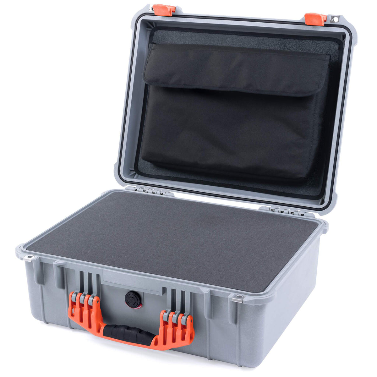 Pelican 1550 Case, Silver with Orange Handle &amp; Latches Pick &amp; Pluck Foam with Computer Pouch ColorCase 015500-0201-180-150