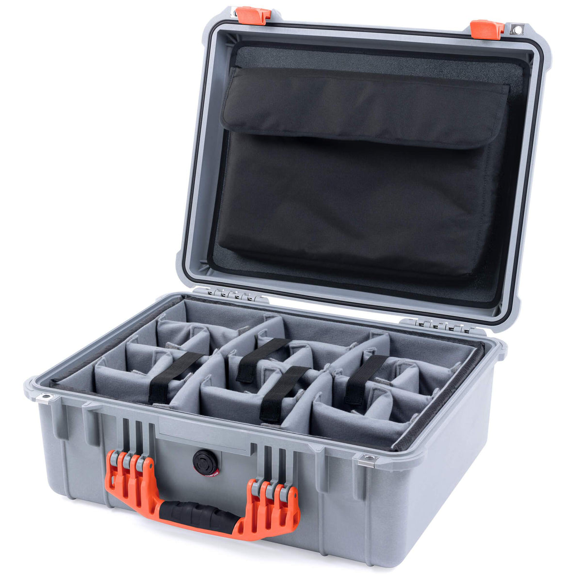 Pelican 1550 Case, Silver with Orange Handle &amp; Latches Gray Padded Microfiber Dividers with Computer Pouch ColorCase 015500-0270-180-150